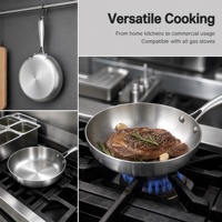 Poêle à frire en acier inoxydable non revêtu, finition mate brossée, résistante aux rayures, compatible four et ustensiles métalliques, pour cuisinière à gaz