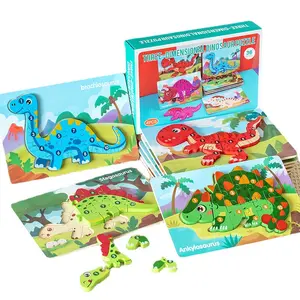4pcs pack kids early educational 3d dinosaur wooden puzzle