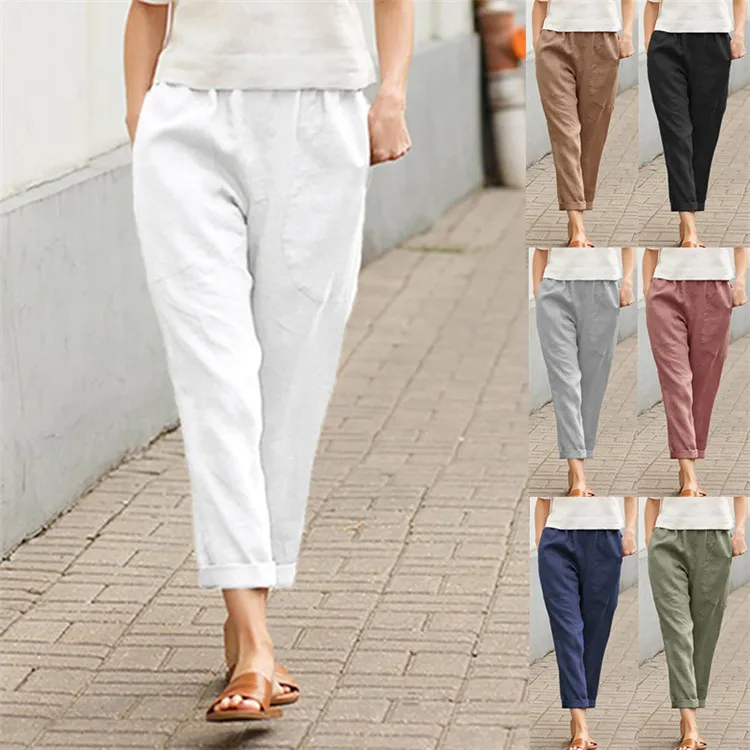 Frauen große Tasche reine Farbe bequeme Baumwolle und Leinen Casual Pants Straight Pants