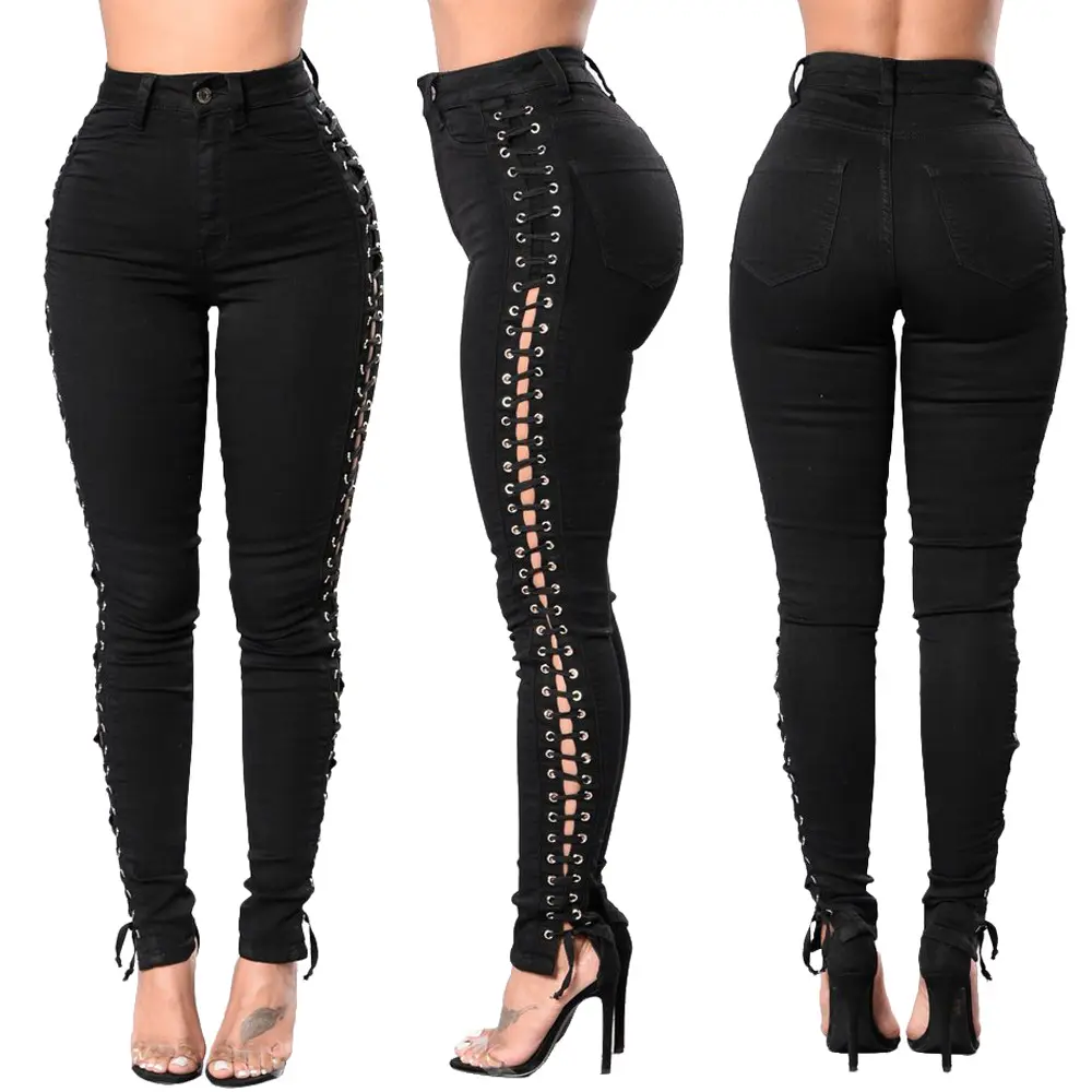 Bulk Sexy Women Lace Up Jeans impilati neri pantaloni di Jeans neri disegni Skinny Jeans