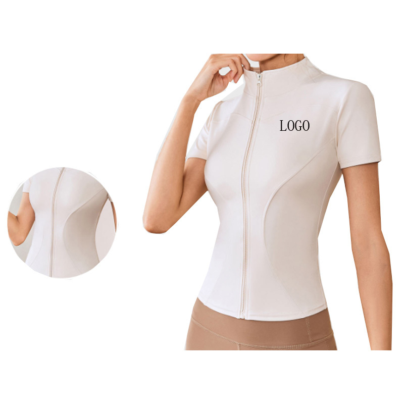 Custom LOGO Slim Fit High Elastic Yoga Short Sleeve Tops Standing Collar Tight Comfortable Breathable Sports Yoga Tops