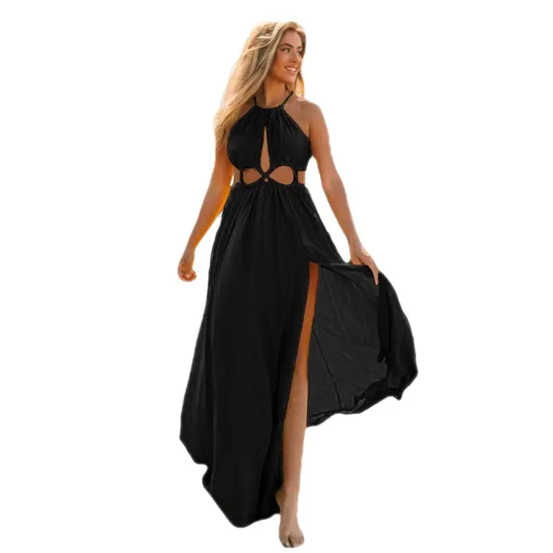 Temperament Beach Long Dress Fashion Slim Sexy Backless Chiffon Large Swing Skirt Solid Color Dress