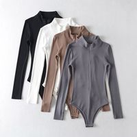 Combinaison moulante à col montant et fermeture éclair pour femme, style européen et américain, manches longues, couleur unie, une pièce, pour le printemps