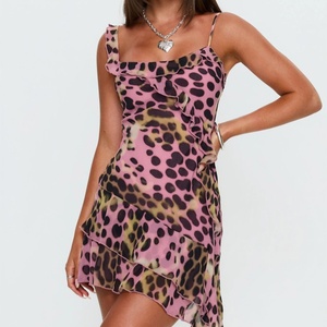 Y2K Pink Leopard Print Slip <strong>Dress</strong> Square Neck Ruffled Trim Asymmetrical <strong>Hanky</strong> <strong>Hem</strong> Chiffon Summer Club Mini <strong>Dress</strong> Going Out <strong>Dress</strong> - Product Image 1