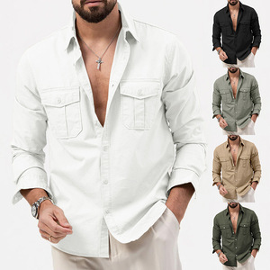 Camisa Casual de Manga Larga <span class=keywords><strong>para</strong></span> <span class=keywords><strong>Hombre</strong></span>, con Cuentas y Múltiples Bolsillos, Estilo Europeo y Estadounidense, <span class=keywords><strong>Ropa</strong></span> al por Mayor Transfronteriza - Product Image 2