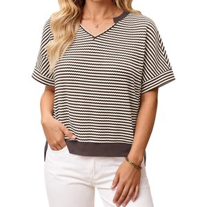 Womens Short Sleeve Striped Pullover <b>Top</b> V Neck Loose Cropped Knit Sweater Summer Casual <b>High</b> <b>Low</b> Hem T Shirt - Product Image 1