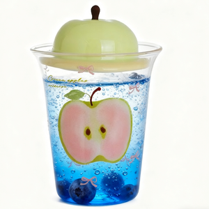 أواني زجاجية خضراء لطيفة بنمط تفاح كوب زجاجي بغطاء على شكل تفاحة تصميم مبتكر بعقدة فراشية هدية منزلية - Product Image 6