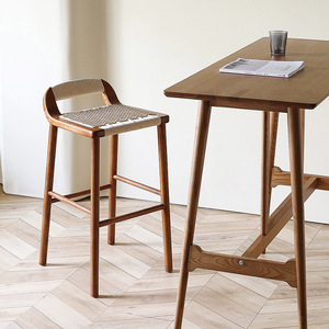 Modern Solid Wood High <strong>Bar</strong> Stool Dining Kitchen Counter Vintage Woven <strong>Height</strong> Lounge Chair Nordic Luxury <strong>Breakfast</strong> Commercial Use - Product Image 5