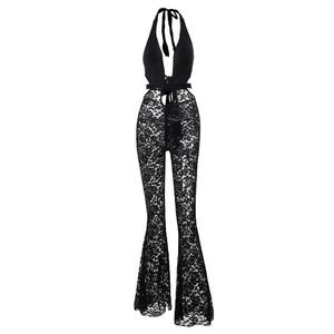 Viviblook Z927JP02 Club Wear Sexy Hollow <b>Lace</b> See Through Hollow Flared Jumpsuit One Piece Sexy Bodycon Jumpsuits for Women - Product Image 5