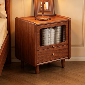 Premium <b>Walnut</b> Solid Wood Nightstand Mid-century Style Fluted Glass Door with <b>Drawer</b> Storage Bedroom Furniture Stable Short Legs - Product Image 4