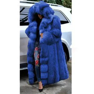 Wholesale Winter Plus Size Cool Blue Long Coat Warm Thicken Hooded Women Outerwear