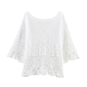 Chemisier à col en V boutonné <span class=keywords><strong>blanc</strong></span> à manches courtes en <span class=keywords><strong>dentelle</strong></span> florale, décontracté et tendance pour femme - Product Image 2