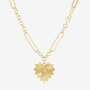 Colgante de <span class=keywords><strong>Starburst</strong></span> estriado grande, joyería de plata de ley 925 para mujer, collar de corazón elegante chapado en oro CZ - Product Image 1