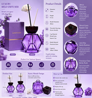 Diffuseur de parfum rectangulaire de luxe violet géométrique, flacon en verre épais antidérapant avec bouchon à vis, personnalisable pour la décoration intérieure et l'aromathérapie