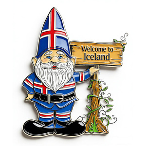 Aimant de réfrigérateur en émail dur, motif gnome <span class=keywords><strong>scandinave</strong></span> avec <span class=keywords><strong>drapeau</strong></span> islandais, thème « Bienvenue à l'Islande », autocollant métallique pour réfrigérateur, vente en gros - Product Image 1