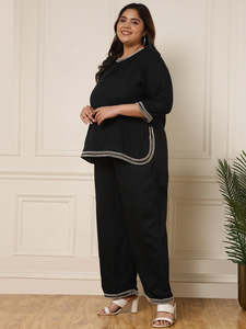Women's Solid Cotton Blend 2-Piece Ankle Length <b>Tunic</b> Trouser Cord Set O-Neck Three-Quarter Sleeve Long Jumpsuits Western Dress - Product Image 3
