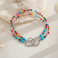 Ensemble de bracelets en verre soufflé coloré avec 3 breloques en forme de cœur entrelacées, finition or/argent/gunmetal, bijoux bohèmes unisexes, cadeau