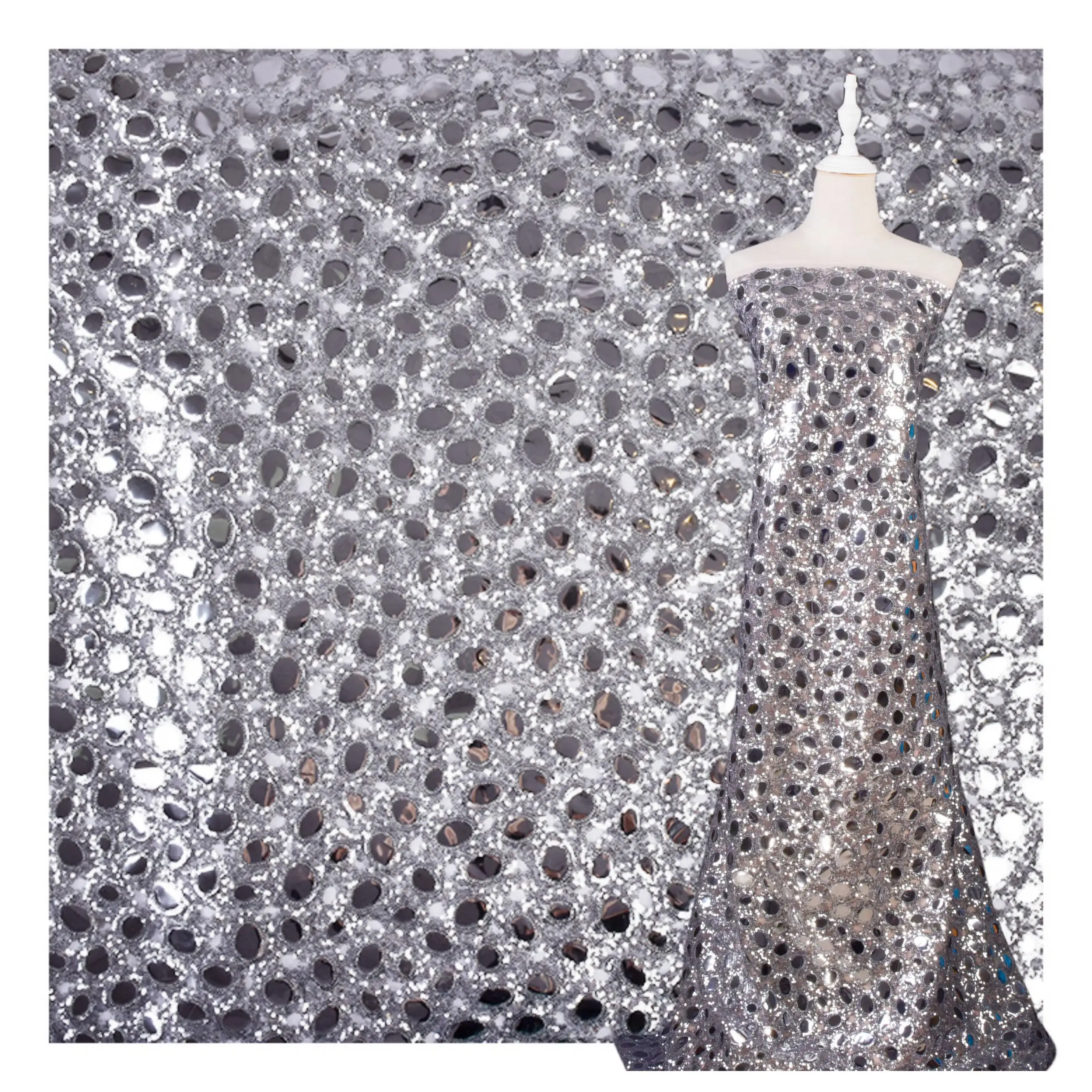 Поли кружевная ткань производитель 2024 Роскошная Серебряная абстрактный дизайн блесток камень кристалл кружевная ткань для женщин платье