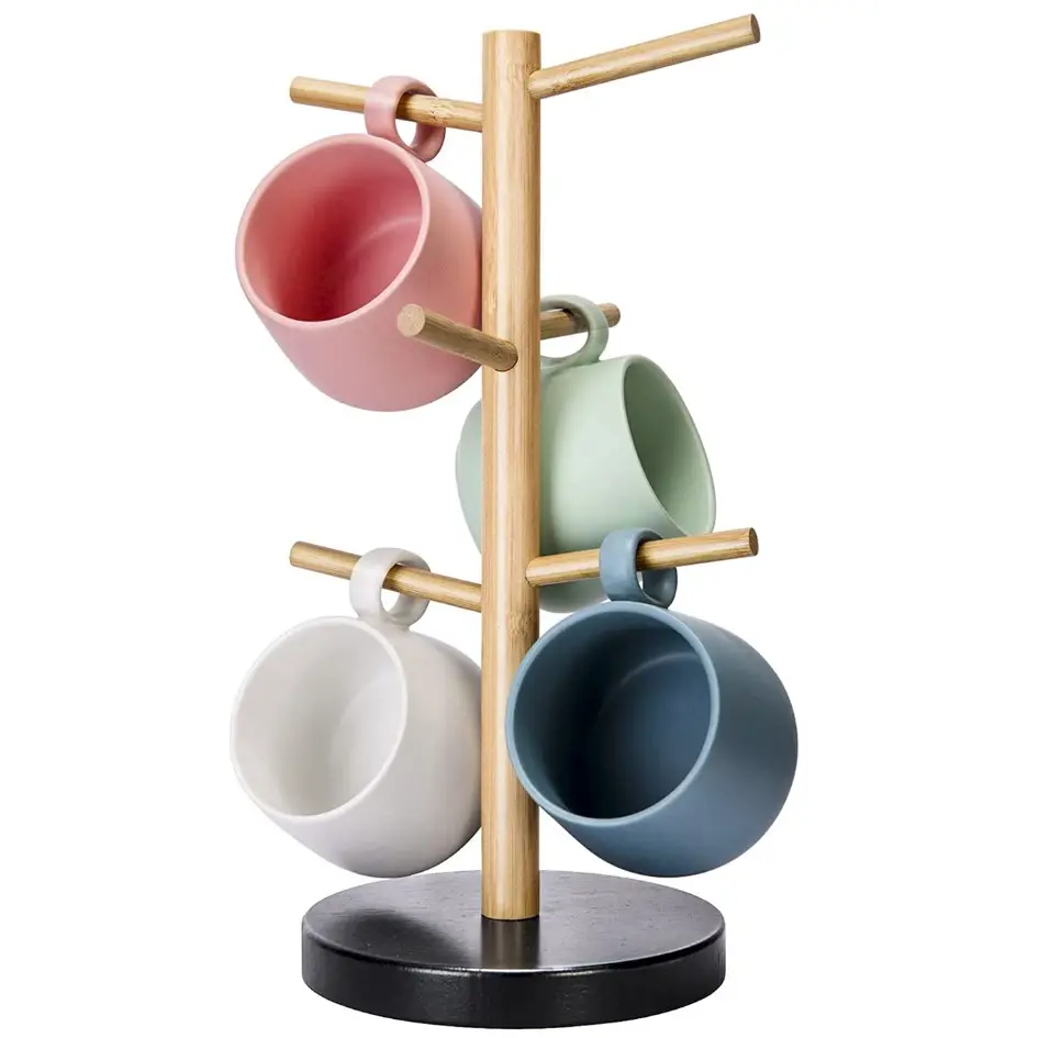 creative Bamboo Mug Holder Tree, Coffee Cup Holder Stand for Counter, Mug Rack with 6 Hooks and black base