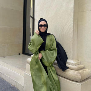 2024 adulte femmes Abaya mode Satin <span class=keywords><strong>Cardigan</strong></span> avec manches bouffantes antistatique Polyester pour automne printemps musulman robe ethnique - Product Image 2
