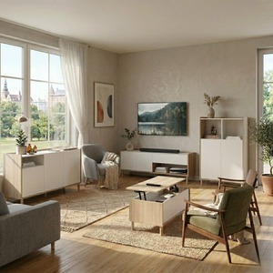 Ensemble de meubles de salon de luxe en chêne nordique et blanc certifié FSC CE avec table basse relevable, <span class=keywords><strong>meuble</strong></span> TV et <span class=keywords><strong>buffet</strong></span> - Product Image 1