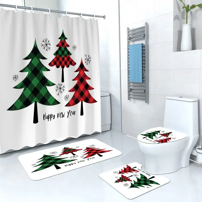 Hot Sale New Arrival Christmas Cortinas De Bano Bathroom Fabric Shower Curtain Set 4 Pcs Shower Curtain
