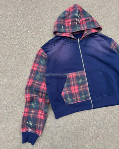 Sweat à capuche zippé en molleton français 100% coton à carreaux, design personnalisé, patchwork, couleurs contrastées pour hommes - Product Image 2