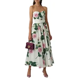 Ladies Backless Elegant Evening Maxi Dress Strapless Rose Floral Printed Dress