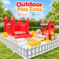 Aire de jeux gonflable colorée Château Rouge avec chariot de poney et piscine à balles jaune pour enfants, idéale pour les fêtes et événements intérieurs/extérieurs
