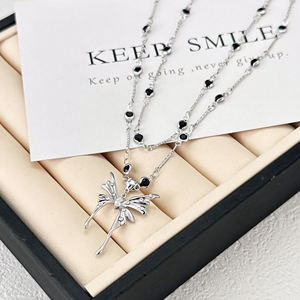 Collana moda a doppia catena in ottone rodio oro bianco K ciondolo a farfalla bianco zirconio diamante nero collana di pietra - Product Image 2