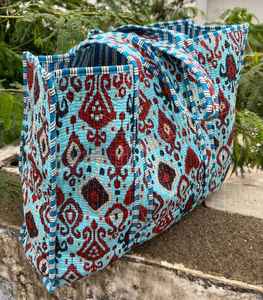 Bolsa de Mano Acolchada de Algodón con Estampado de Bloques, Multiusos, para Trabajo, Viajes, Compras, Bolso de Hombro - Product Image 4