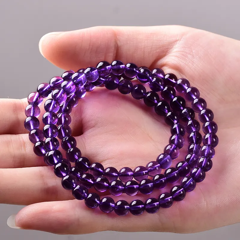 Gelang batu permata asli 6mm, gelang 3 senar batu amethyst bulat bagus