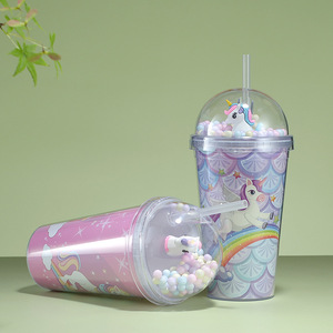 Unicorn Plastic Cup With Plush Toy Lid 500Ml Portable Cartoon Drinkware For Kids Party Use - Product Image 4
