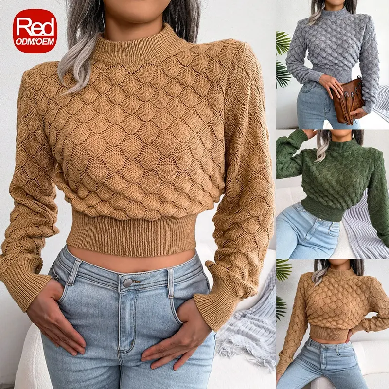 Womens fall winter 2023 fashion crop top pullover argyle hollow out knit sweater custom crop top sweater