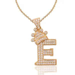 Modern trendy genuine 10k yellow gold crown letter S pendant with moissanite diamond