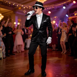 Costume <span class=keywords><strong>de</strong></span> fête disco SOLPOP années 70 et 80 pour hommes, ensemble <span class=keywords><strong>de</strong></span> 5 pièces pour <span class=keywords><strong>star</strong></span> pop, chapeau noir, lunettes, nœud papillon, paillettes, gants, microphone - Product Image 2