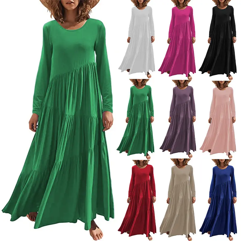 Wholesale New Long Sleeve T Shirt Dress Muslim Stitching Pleated Loose Long Dresses Women Knitted Casual Plus Size Black Maxi Dr