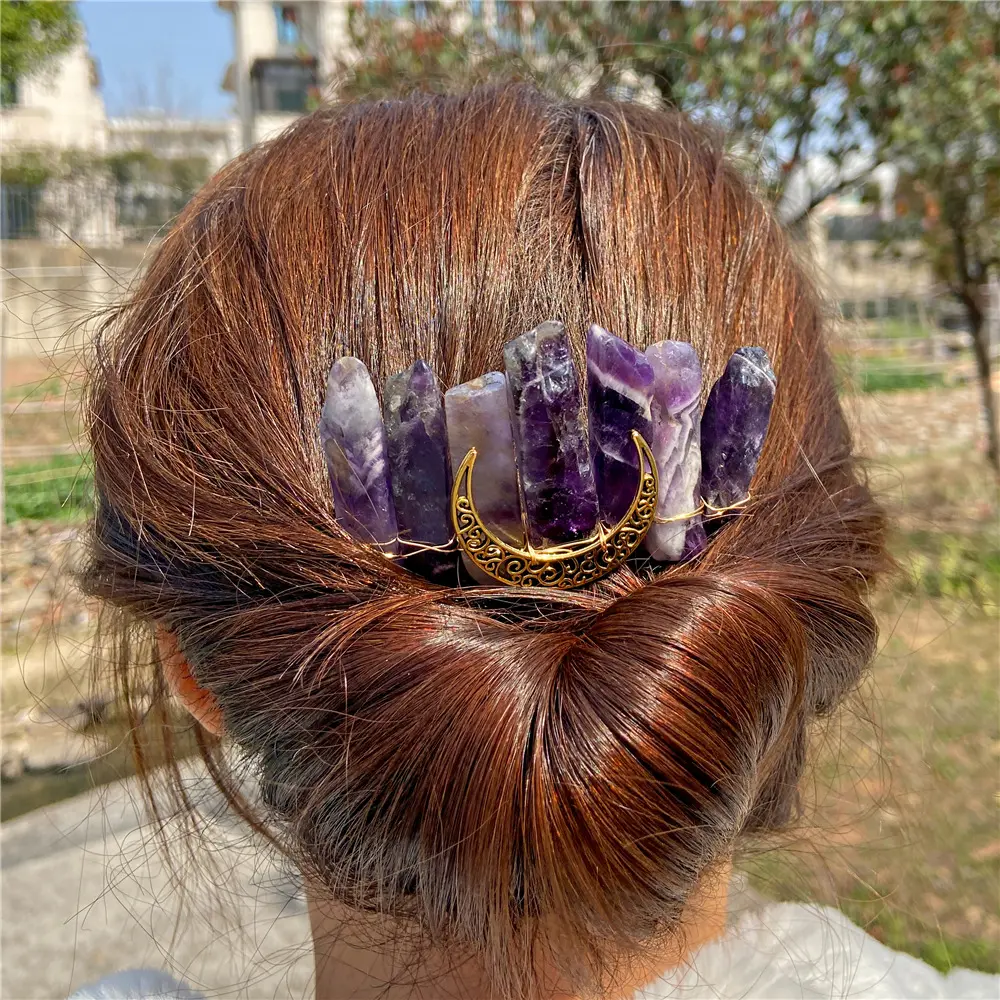 फैशन लवली चंद्रमा आकर्षण क्रिस्टल रत्न बाल पिन के लिए प्राकृतिक नीलम क्वार्ट्ज पत्थर Hairpins महिलाओं लड़की बाल गौण