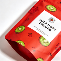 Sachet vide personnalisé imprimé rouge mat refermable avec fermeture éclair et encoche de déchirement pour emballage de snacks kiwi et fraise, vente en gros