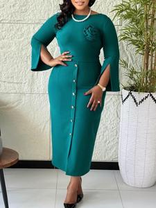 Eleganti Abiti da Chiesa per Donne, Collo Tondo, Maniche a Campana, Bottoni Floreali, Vestito Slim per Ufficio - Product Image 4