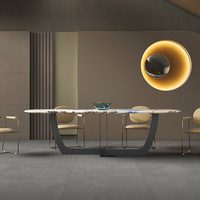 Table à manger moderne de luxe en pierre frittée durable, plateau en marbre Pandora gris veiné or, pieds en métal rectangulaires, mobilier de maison 6-8 personnes