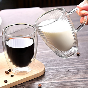 Tazza da Caffè in <span class=keywords><strong>Vetro</strong></span> Trasparente a Doppia Parete con Design a Righe Verticali, Fatta a Mano, Prezzo all'Ingrosso - Product Image 4