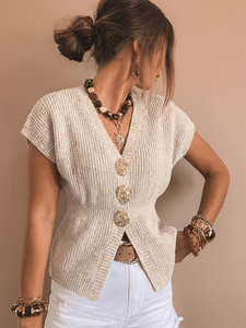 Gilet in maglia <span class=keywords><strong>beige</strong></span> da <span class=keywords><strong>donna</strong></span> con scollo a V e bottoni dorati, maniche a pipistrello, <span class=keywords><strong>cardigan</strong></span> in maglia traspirante vintage casual per la primavera - Product Image 3