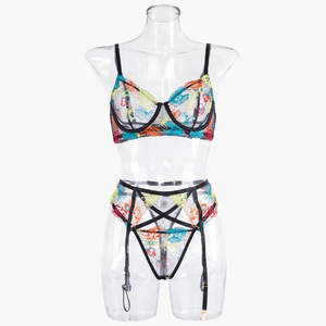 RUIYI Heavy Craft Broderie Noir Sexy Sous-Vêtements Ensemble Femmes Soutien-Gorge String Ensembles Avec <span class=keywords><strong>Porte</strong></span>-jarretelles Trois Pièces Lingerie Ensembles - Product Image 4