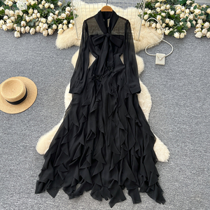 Taglie forti estivo con scollo a V tunica sottile abito Maxi Casual da donna impero abito di pizzo arruffato - Product Image 4