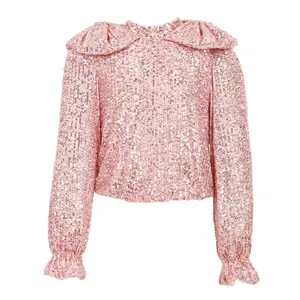 Guangzhou Wholesale 2024 News Arrival Pink Solid Color Girls Tops With Sequin Long Sleeve Girls Wear For Kids Children Clothes