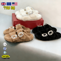 Pantuflas de Plataforma con Peluche Sintético de Conejo para Mujer, con Logotipo Personalizado, Doble Correa y Hebillas con Cristales de Imitación