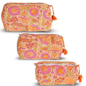 Trousse de Maquillage Textile Bohème Florale Grande et Moyenne avec Fermeture Éclair et Pompon, Pliable et Portable, Ensemble de Sacs Cosmétiques - Product Image 1