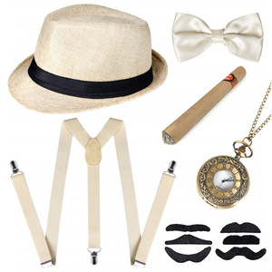 Ensemble d'accessoires pour homme des années <span class=keywords><strong>1920</strong></span> : Chapeau Fedora, Bretelles, Brassards, Nœud papillon à nouer, et Oreilles – Kit de déguisement - Product Image 2