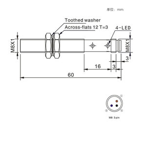 Sensor de Proximidad Inductivo de Tipo Largo AKUSENSE TYF08-03NO, Protección Contra Cortocircuitos Metálicos, IP67, 10~30V, TYF08-03NO - Product Image 2